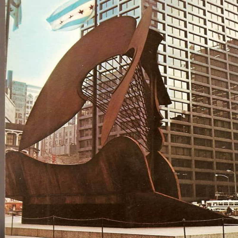 Chicago Picasso with weathering steel statue backside