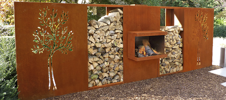 wood burning corten steel fireplace with panel screen